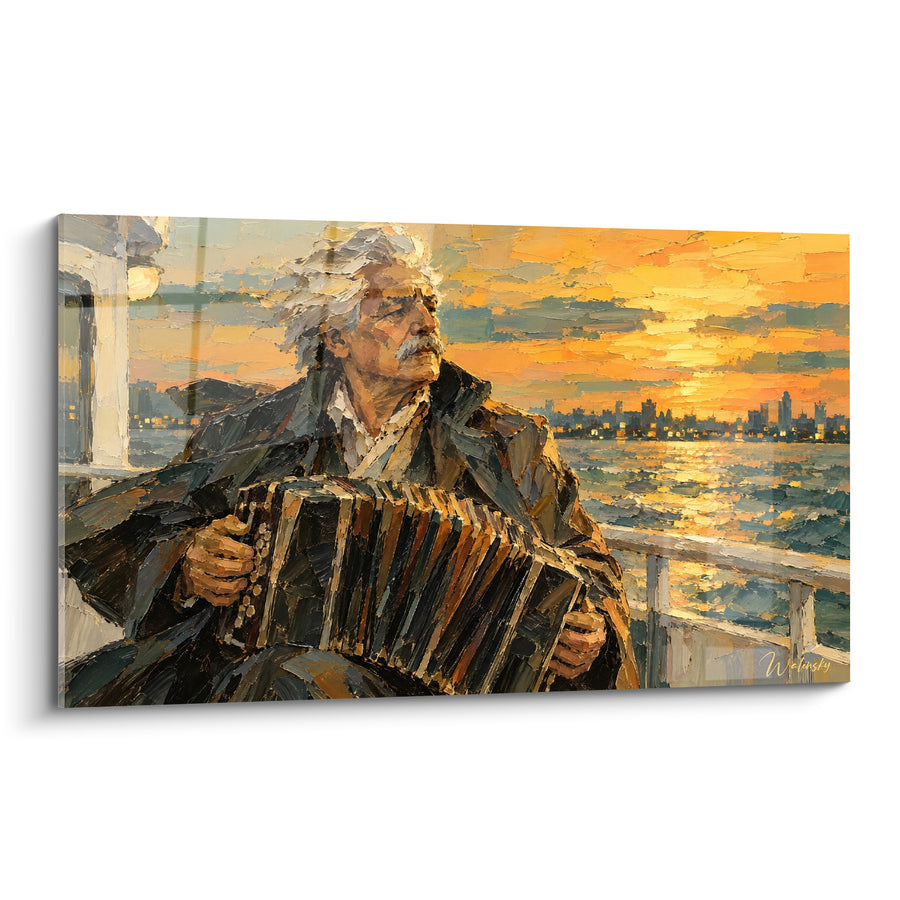 Tableau Vieil homme et silhouette urbaine au couchant - Mélodie du crépuscule - Edition Accordéon