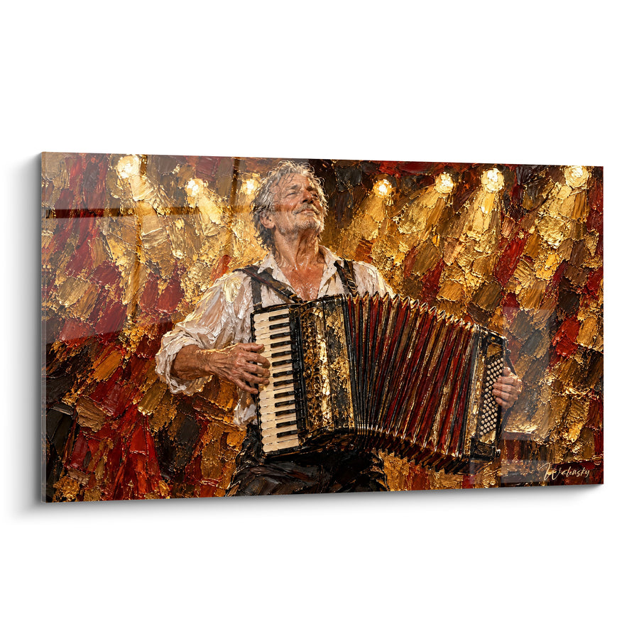 Tableau Musicien âgé yeux clos accordéon bordeaux doré - Transe musicale - Edition Accordéon