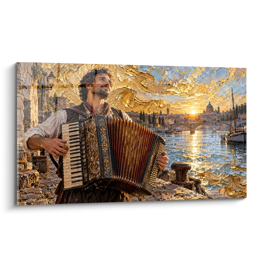 Tableau Musicien doré au bord du fleuve italien - Sérénade au couchant - Edition Accordéon