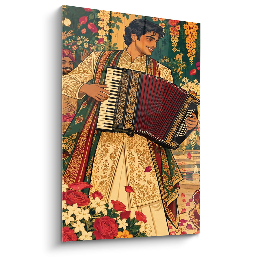 Tableau Musicien doré aux roses écarlates - Fête florale joyeuse - Edition Accordéon
