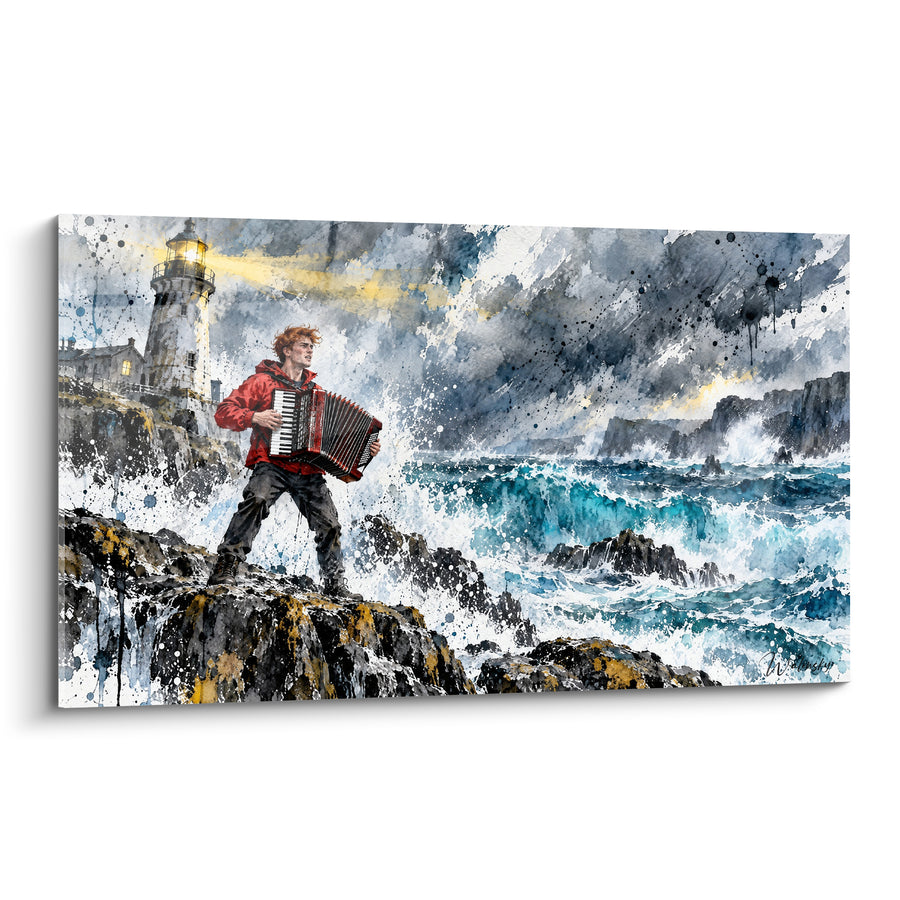 Tableau Musicien veste rouge sur falaise battue - Défi face aux flots - Edition Accordéon