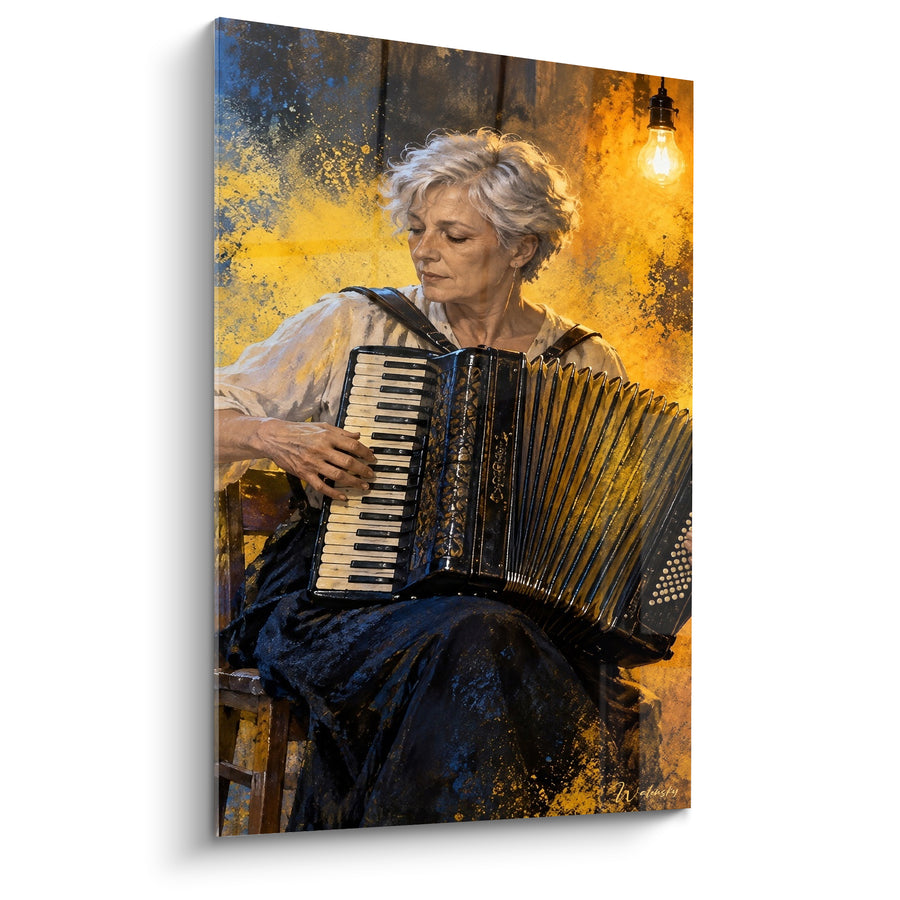 Tableau Musicienne aux mèches dorées et robe sombre - Mélodie du soir - Edition Accordéon