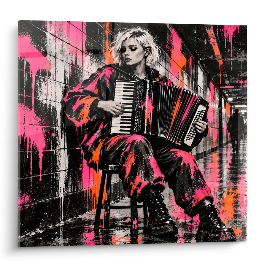 Tableau Accordéoniste en noir et rose fluo - Mélodie souterraine - Edition Accordéon