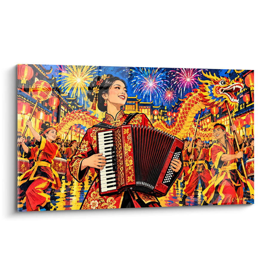 Tableau Musicienne rouge et doré au défilé du dragon - Liesse du Nouvel An - Edition Accordéon