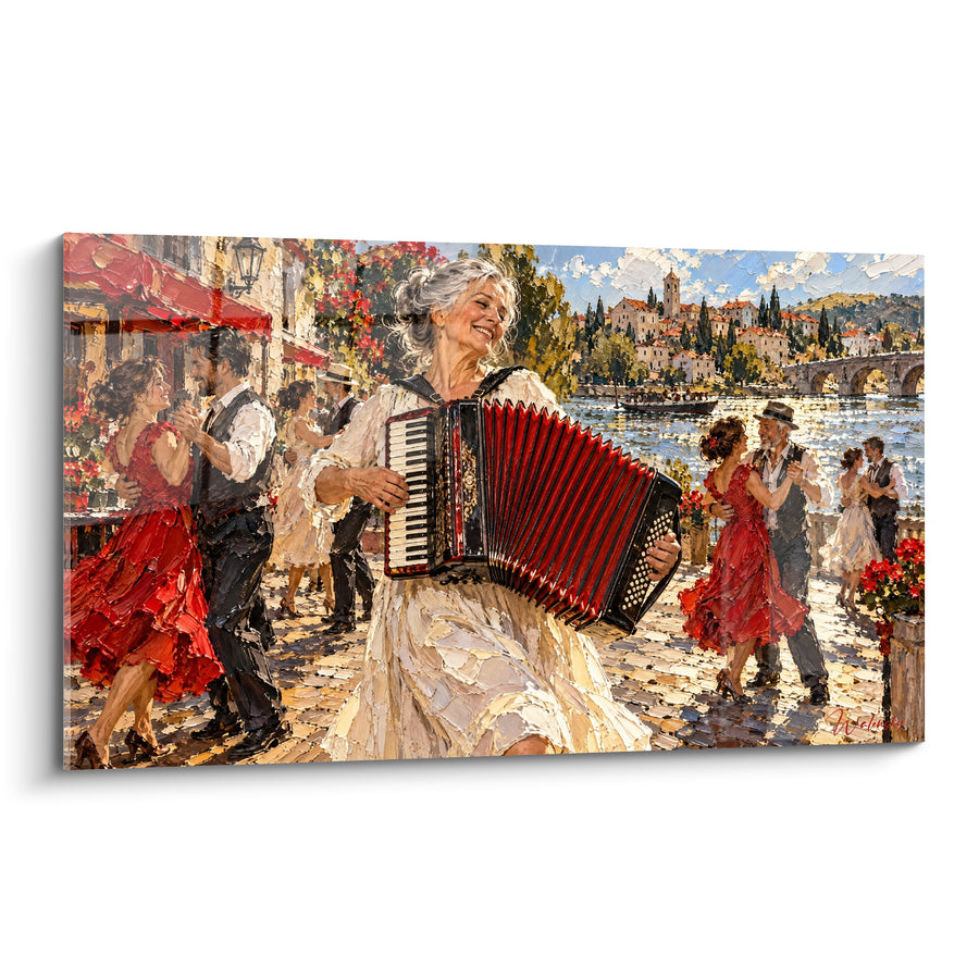 Tableau Musicienne rousse sur place pavée - Fête au village - Edition Accordéon