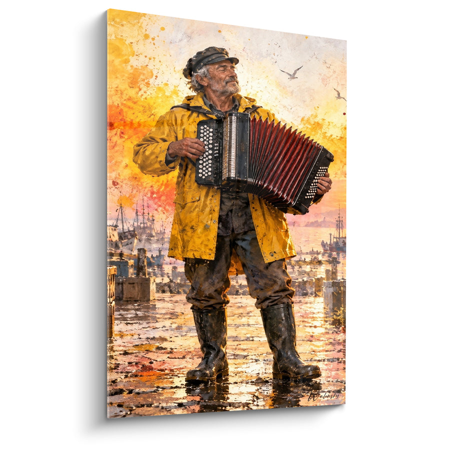 Tableau Pêcheur en ciré jaune et bottes noires - Mélodie du port - Edition Accordéon