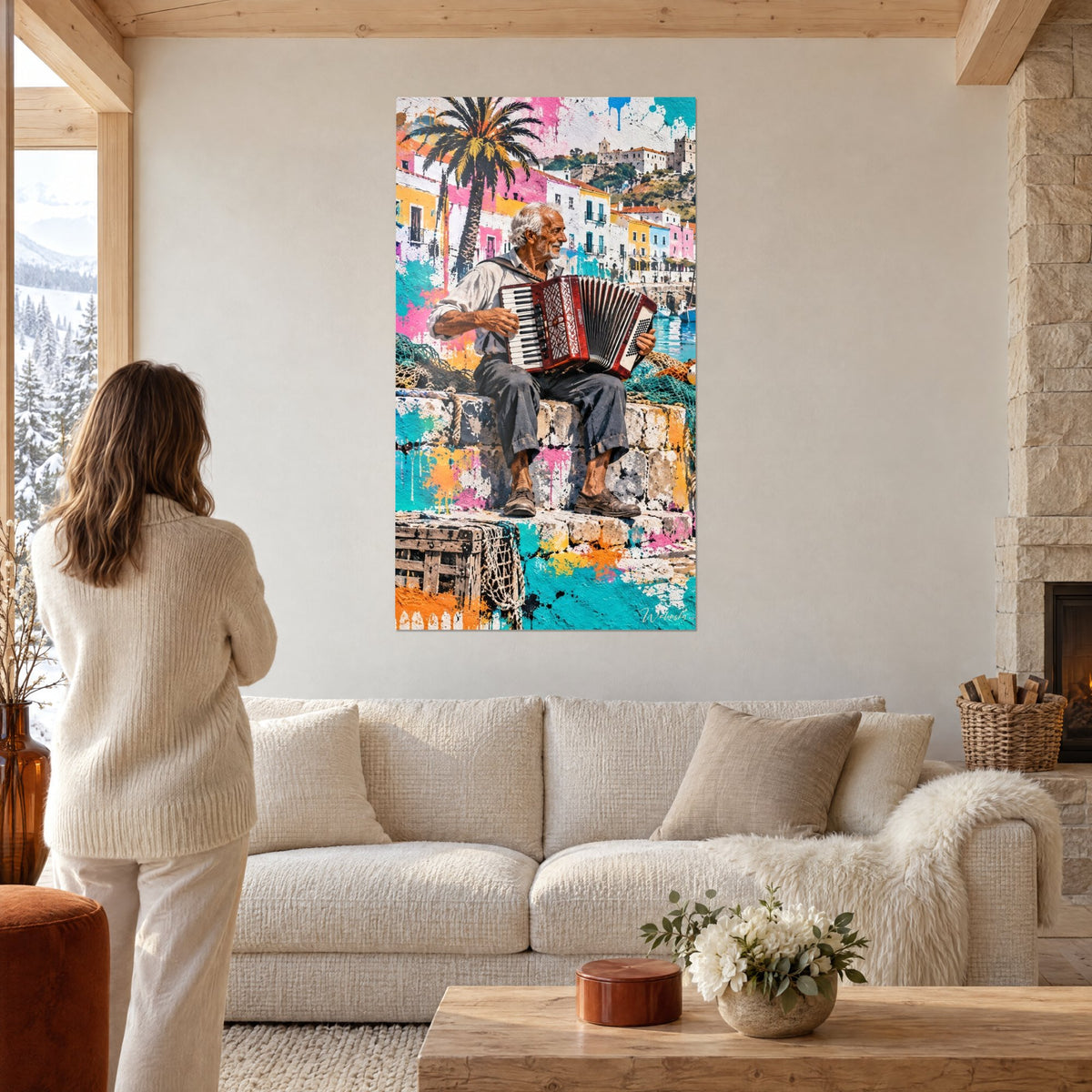 Tableau vieil accordéoniste aux cheveux blancs sur pierre turquoise et rose, palmier jaune, au-dessus d'un canapé dans un salon lumineux