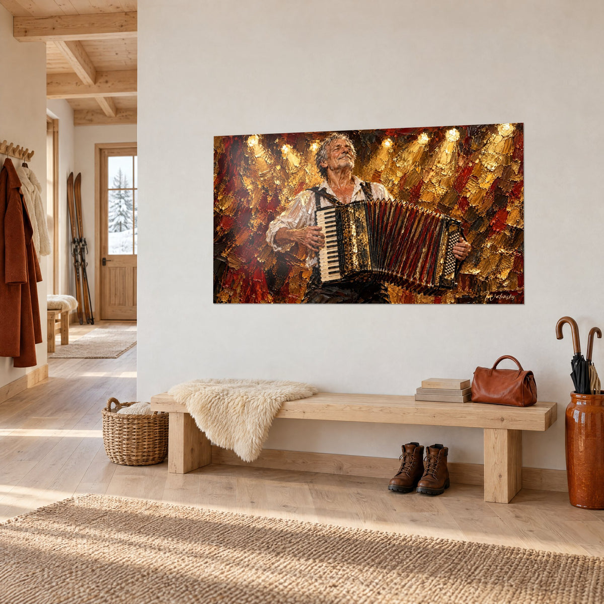 Tableau musicien à cheveux argentés jouant en transe, touches ivoire et fond rouge et or, sur un mur de chalet clair