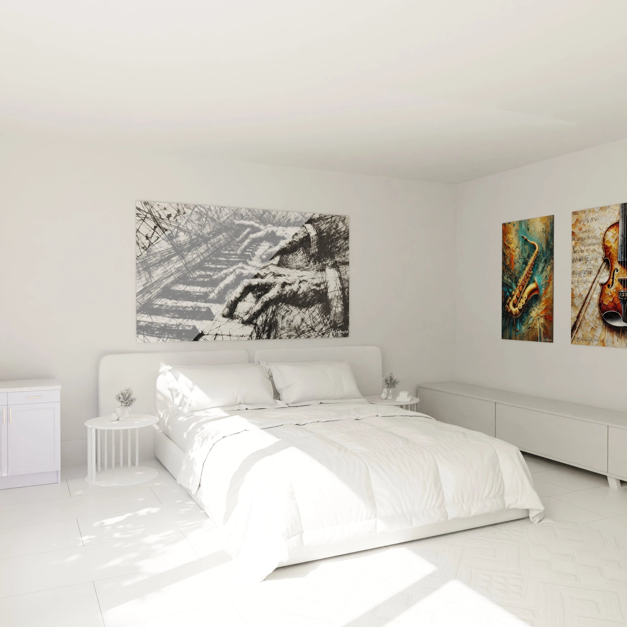"Créez une ambiance artistique et sophistiquée dans votre chambre avec ce tableau piano noir et blanc. La tension et la fluidité des mains jouent parfaitement avec l'élégance de l'espace. Art Chambre"

