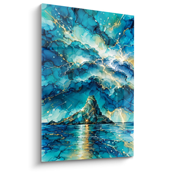 Tableau Rocher bleu turquoise et doré orageux - Tempête dorée - Edition Aci Trezza Sicile Italie