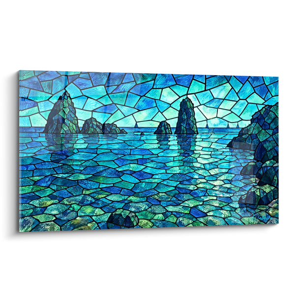 Tableau Récifs marins en vitrail bleu turquoise - Éclat de mer figée - Edition Aci Trezza Sicile Italie