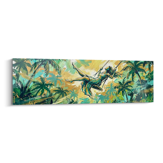 Tableau Figure Acrobatique Jungle Tropicale Turquoise et Doré - Évasion Aérienne - Edition Bali