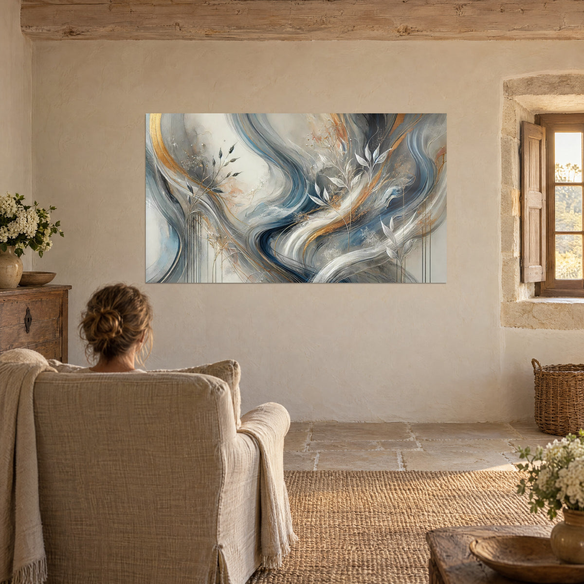 Quadro con onde vaporose blu petrolio e oro opaco, foglie argentate, donna di spalle seduta in una poltrona di lino beige