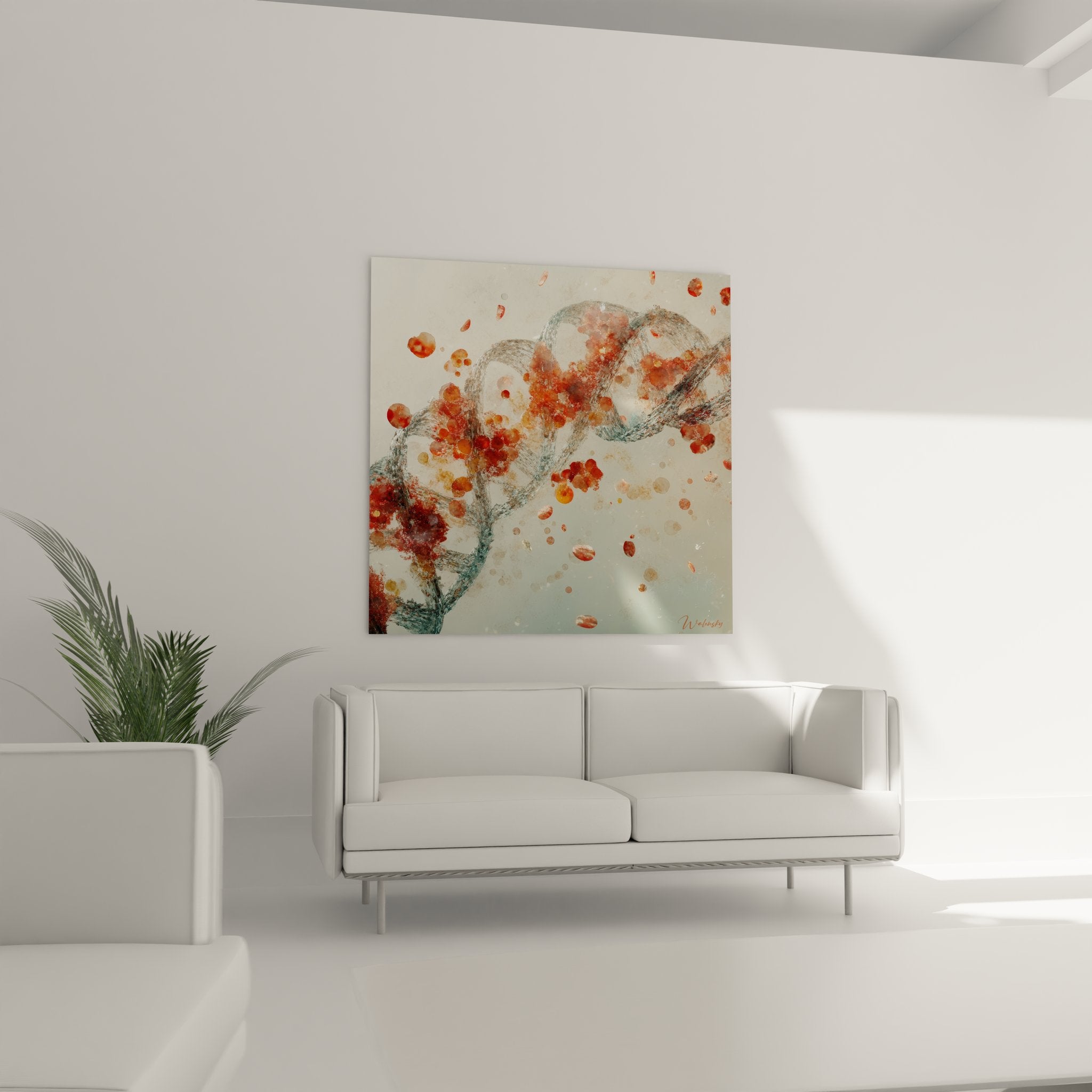 Gros plan sur les détails artistiques du tableau hélice ADN aux nuances rouge et orange