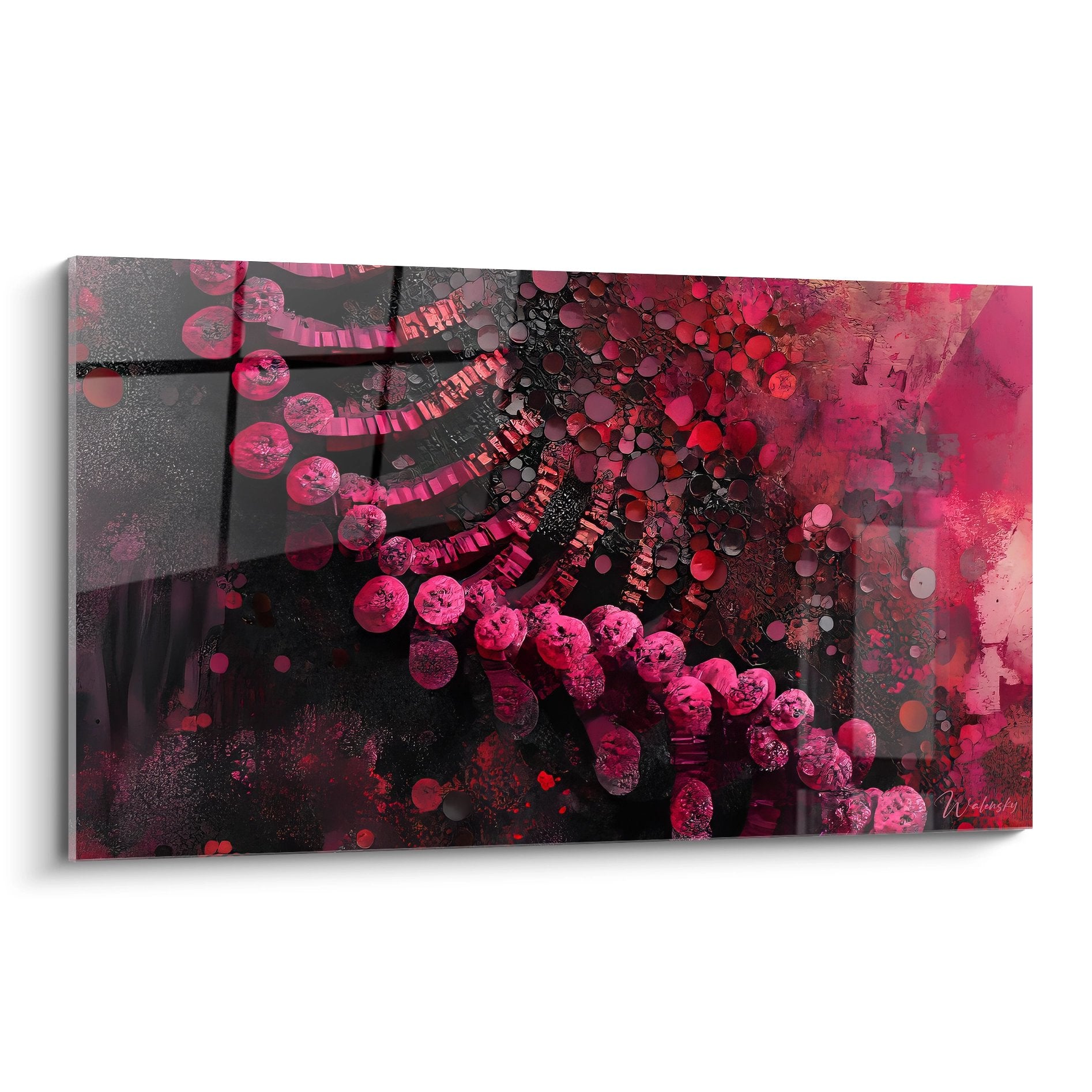 Tableau mural ADN abstrait aux tons roses représentant des spirales génétiques sur fond sombre