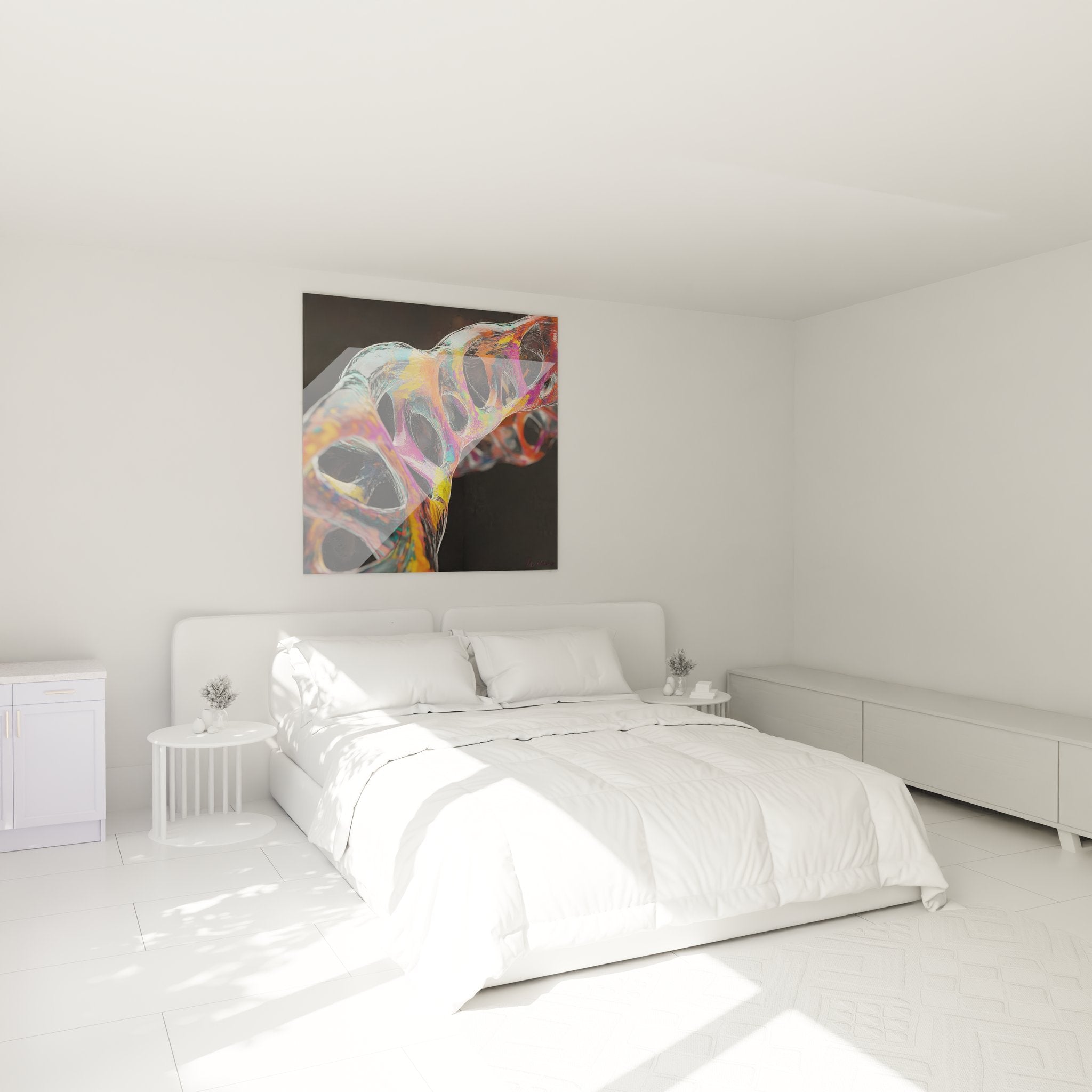 Ambiance chambre avec tableau ADN multicolore, hélice génétique décorative sur mur moderne