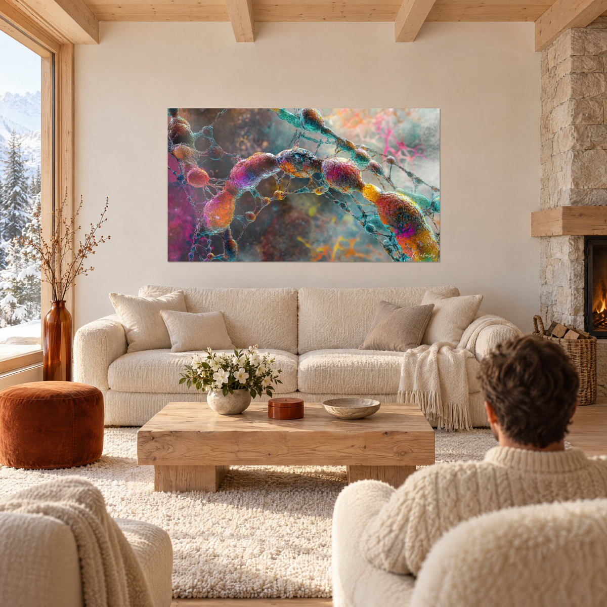 Tableau double hélice en perles fuchsia et orange, filaments turquoise, au-dessus d'un canapé dans un salon lumineux