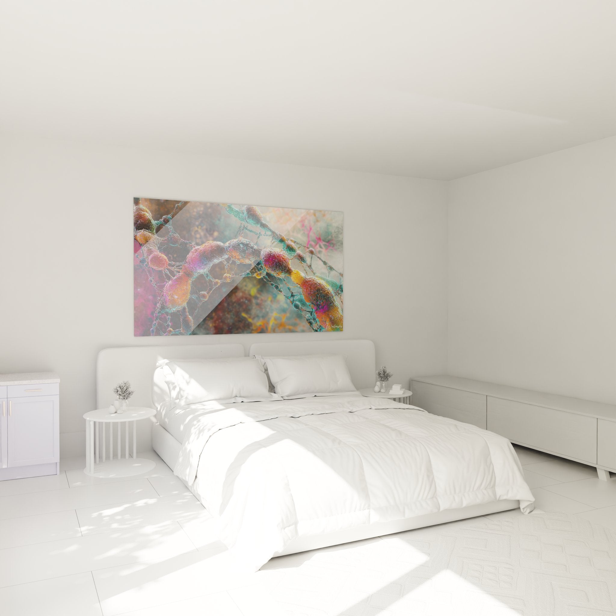 Ambiance chambre avec tableau ADN moderne aux couleurs éclatantes sur mur décoratif