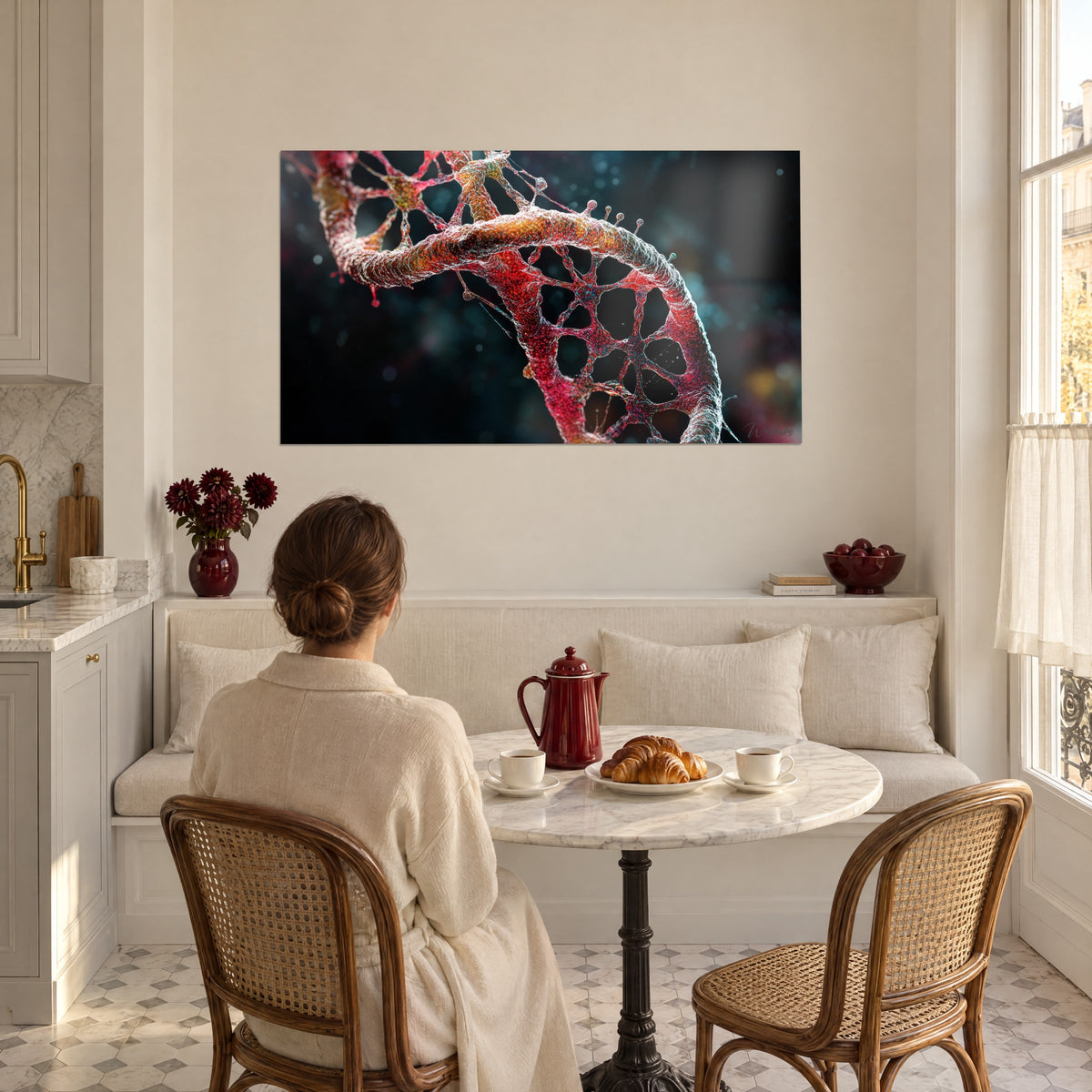 Tableau chaîne génétique granuleuse rouge rubis et orange, fond bleu nuit, face à une table ronde et un croissant au petit-déjeuner