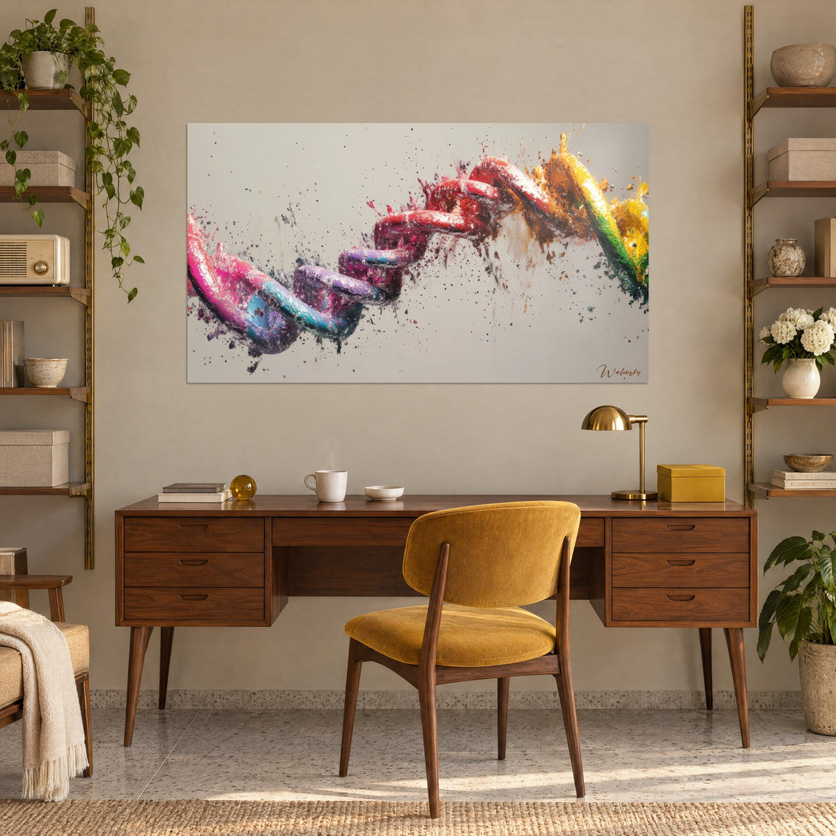 Wall art with a tangle of colourful links in purple, red and yellow, burst into paint dust, above a wooden desk