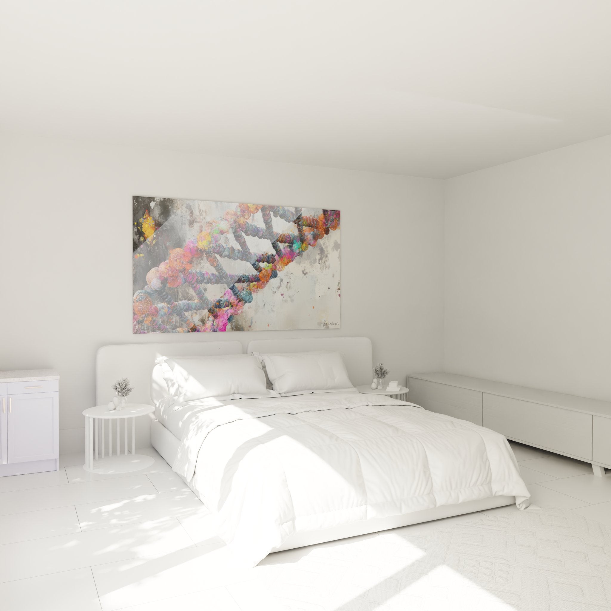 Tableau ADN coloré décorant une chambre moderne avec hélice génétique artistique