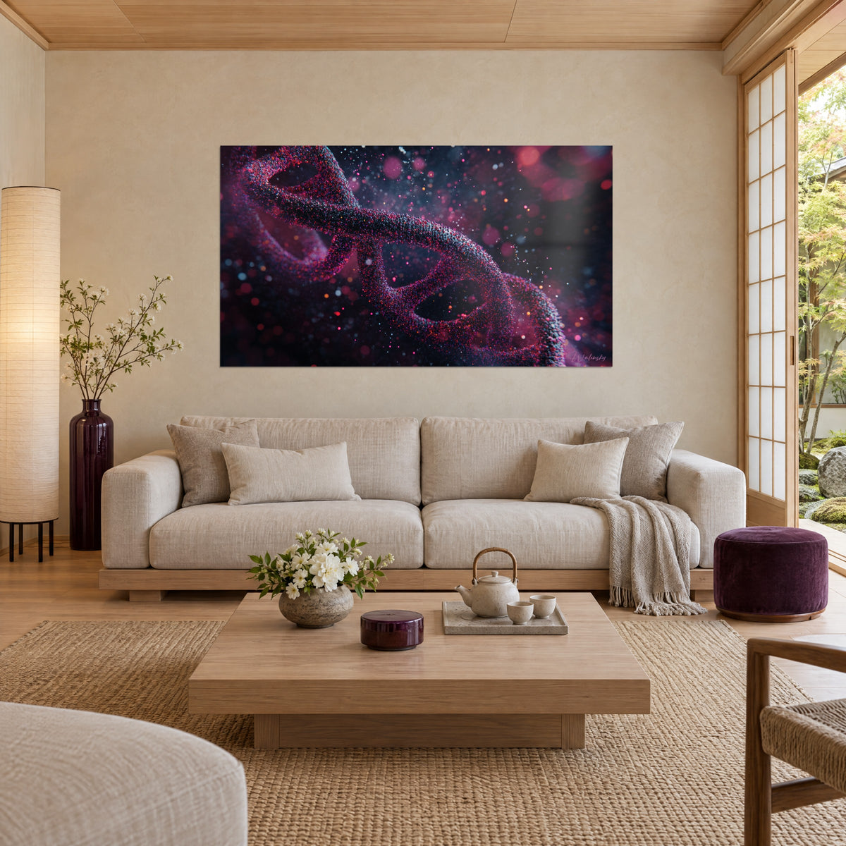 Tableau double hélice d'ADN en grains magenta et noir, bokeh rose sur fond nuit, au-dessus d'un canapé dans un salon lumineux