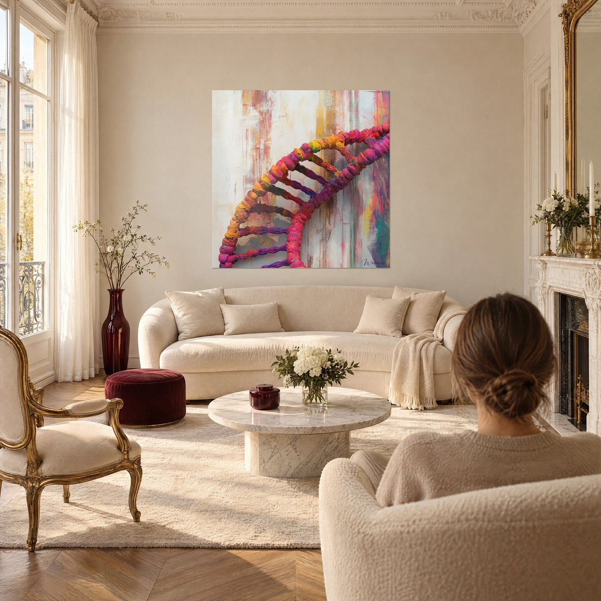 Tableau double hélice d'ADN en volutes fuchsia et ocre jaune, fond blanc strié de coulures, au-dessus d'un canapé dans un salon lumineux