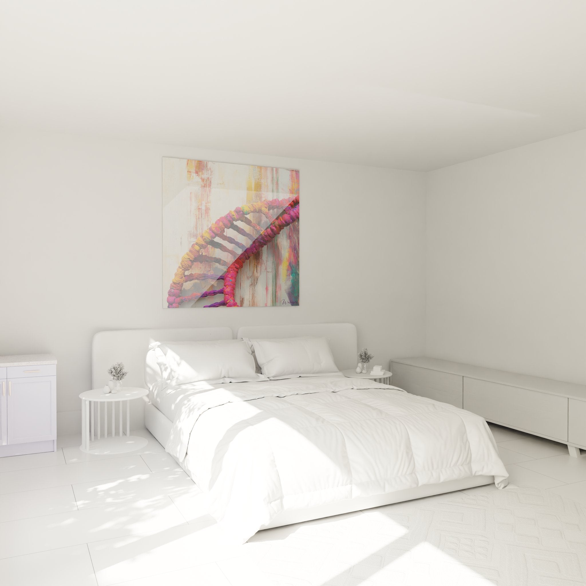 Tableau ADN décoratif dans chambre moderne avec spirale génétique colorée art mural