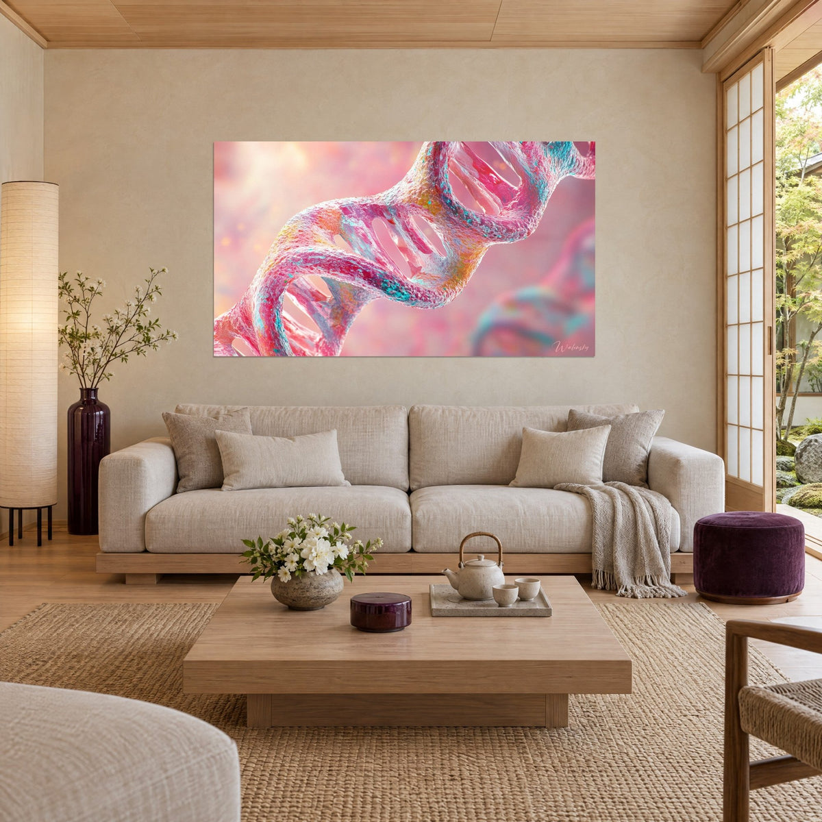 Tableau double hélice ADN rose et turquoise, brins translucides piquetés d'ocre, au-dessus d'un canapé dans un salon lumineux