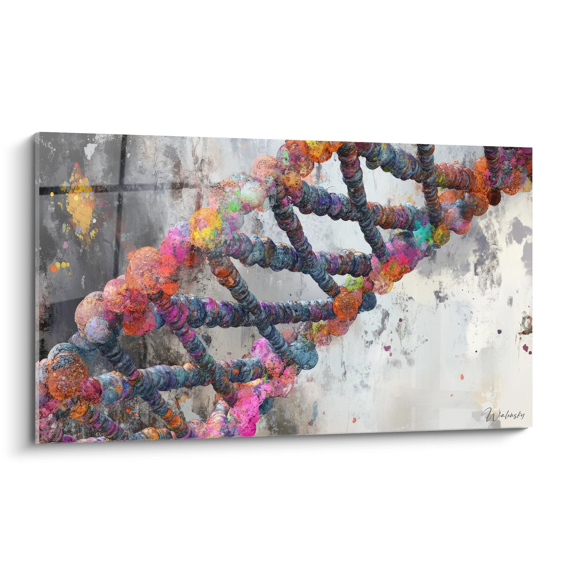 Tableau mural ADN coloré avec hélice génétique multicolore sur fond texturé gris et blanc