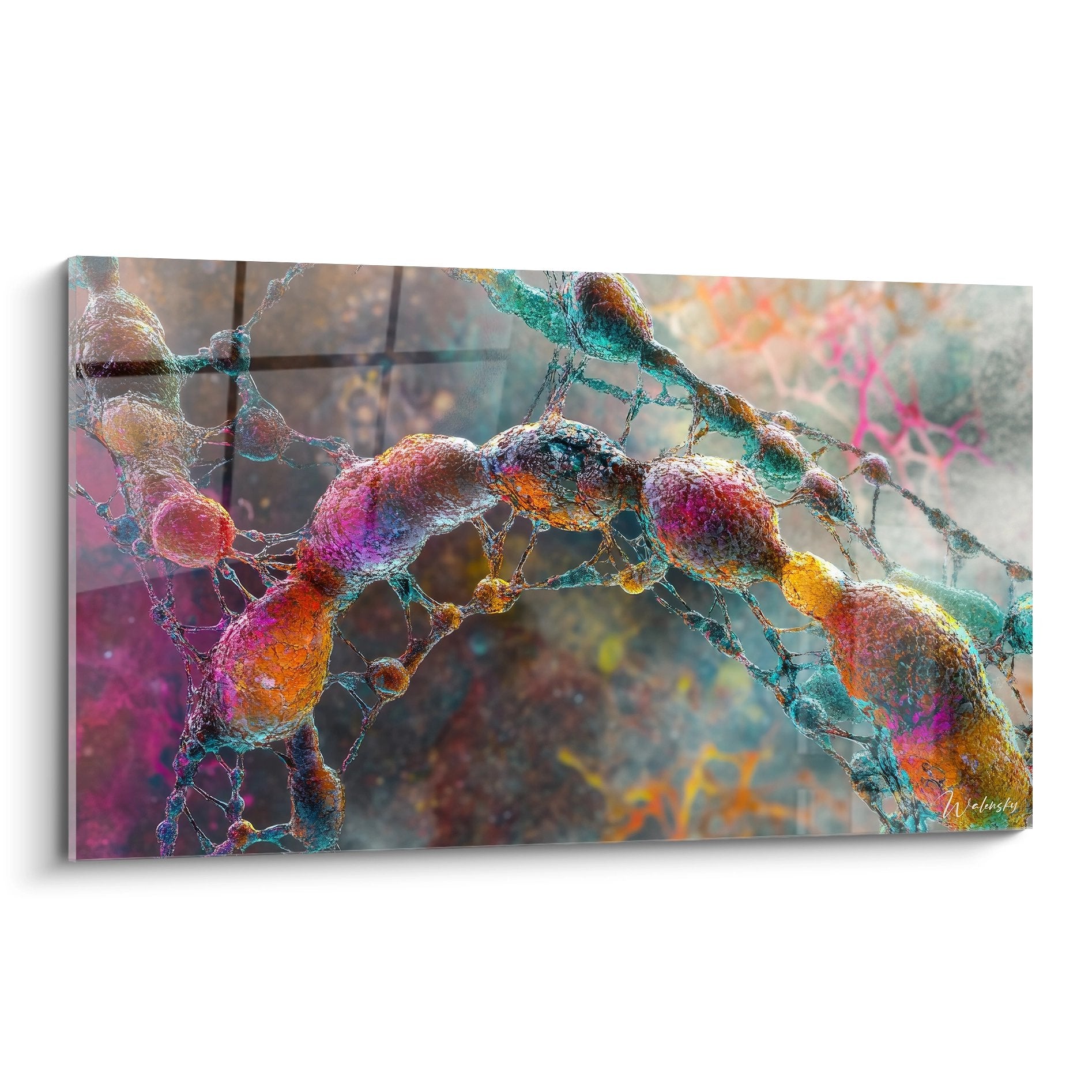 Tableau mural ADN coloré représentant des structures moléculaires interconnectées aux tons vibrantes