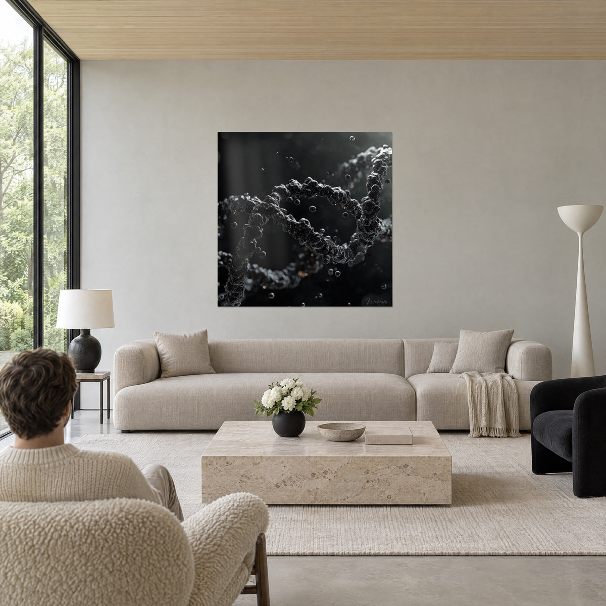 Wall art double DNA helix in soot grains, deep black and silver grey, copper sparks, above a sofa in a bright living room