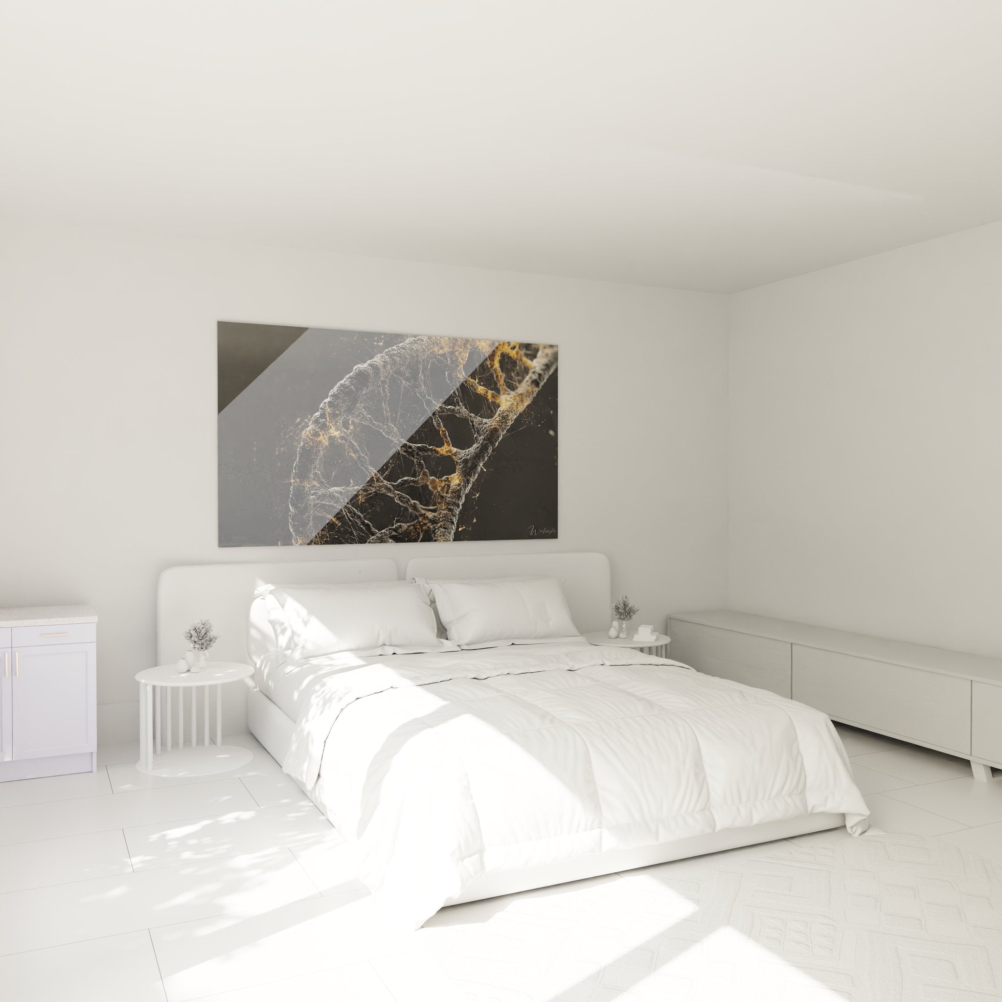 Ambiance chambre avec tableau ADN doré créant une décoration murale scientifique élégante