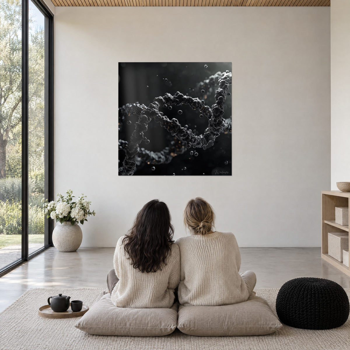 Wall art double DNA spiral in glittering black matter, anthracite grey and golden sparks, facing two people seated on cushions