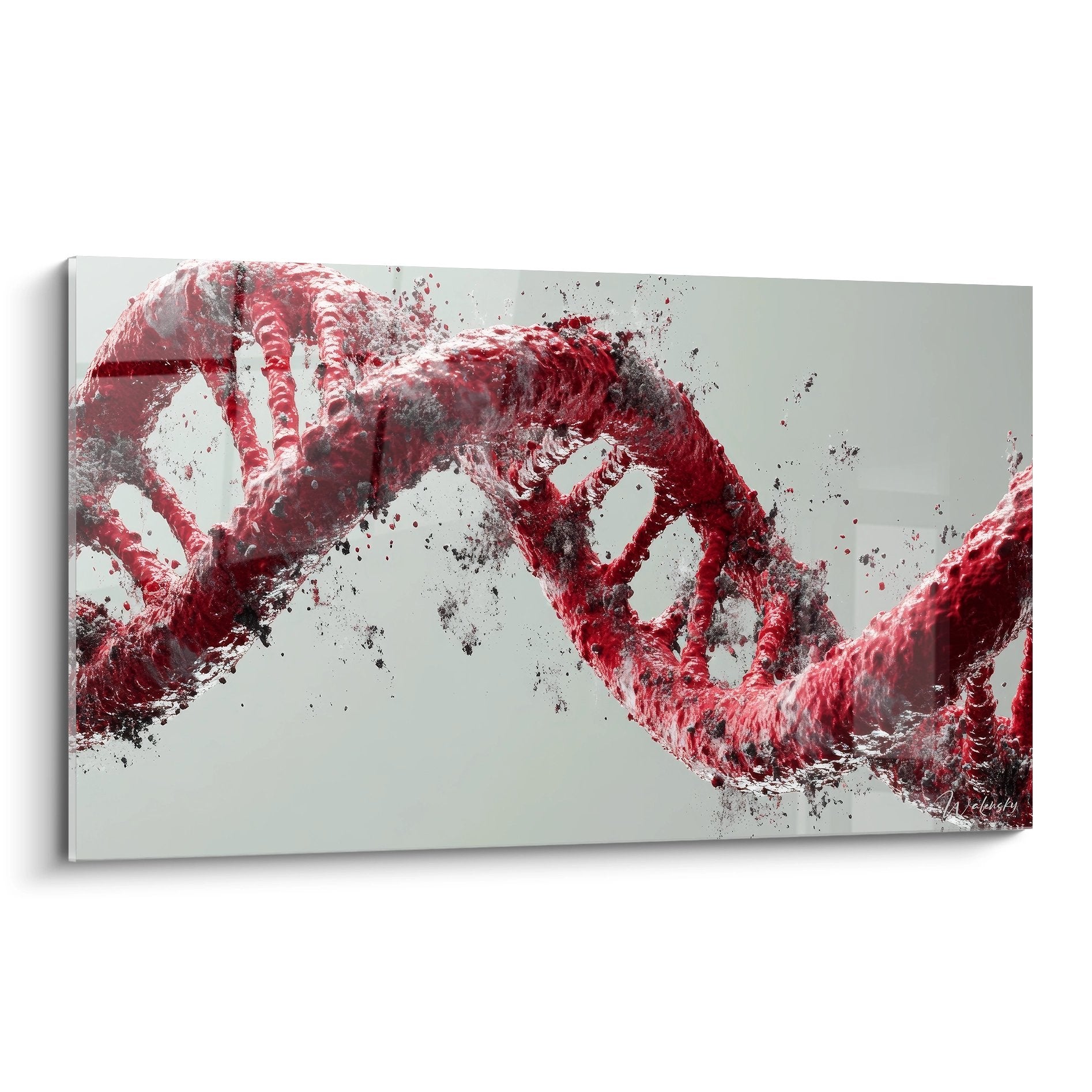 Tableau mural ADN explosante rouge sur fond gris représentant une hélice génétique en fragmentation artistique
