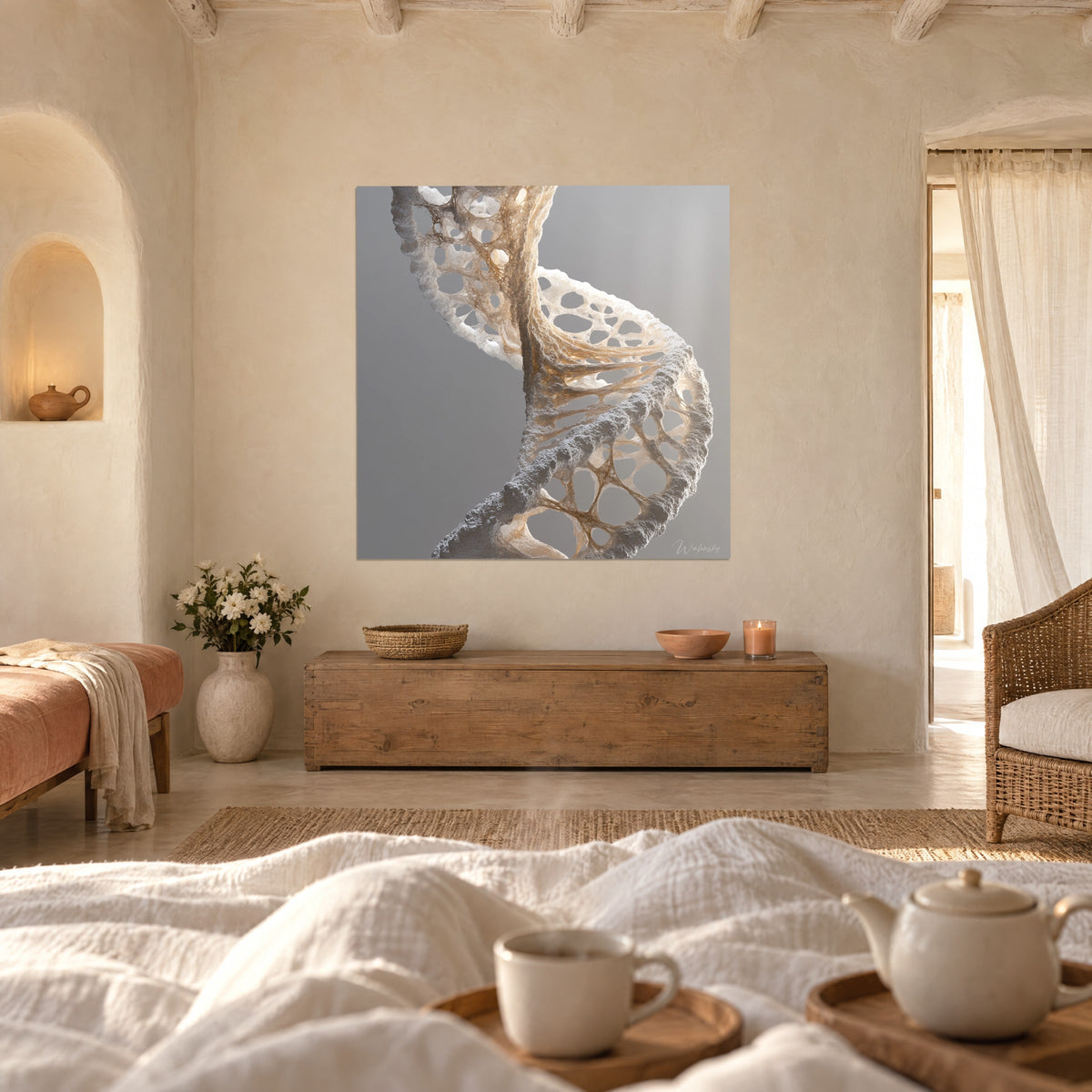 Cuadro estructura de ADN en encaje crema y filamentos cobrizos sobre fondo gris, encima de una cama en un dormitorio claro