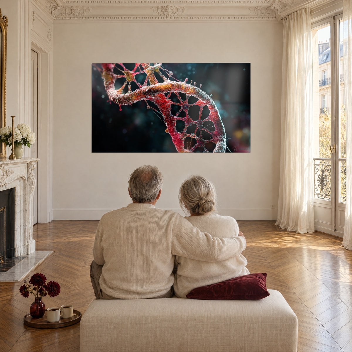Tableau hélice biologique rouge vif et or, mailles ajourées sur fond sombre, devant un couple de dos enlacé sur un pouf