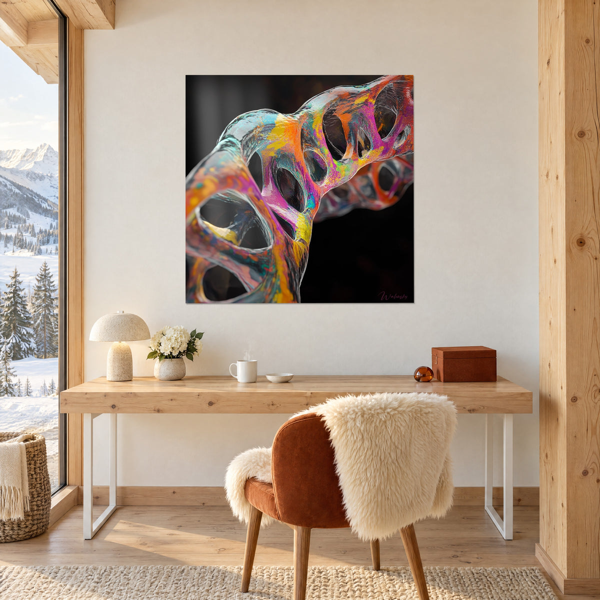Tableau structure génétique aux reflets jaune citron et violet sur fond noir profond, face à un bureau en bois clair avec lampe et fauteuil