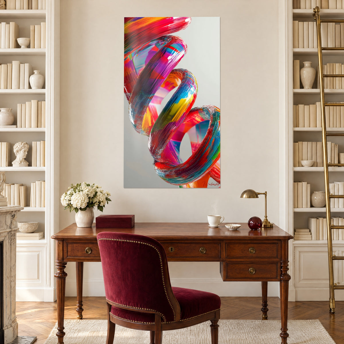Schilderij DNA-strengen gestreept in felrood en azuur, houten bureau, witte boekenkast en bordeauxrode fauteuil
