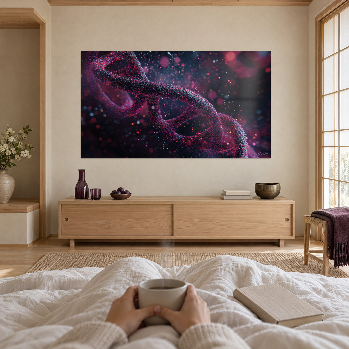 Tableau brin d'ADN cosmique en perles rubis et charbon, halos roses flous, accroché au-dessus d'un lit dans une chambre claire
