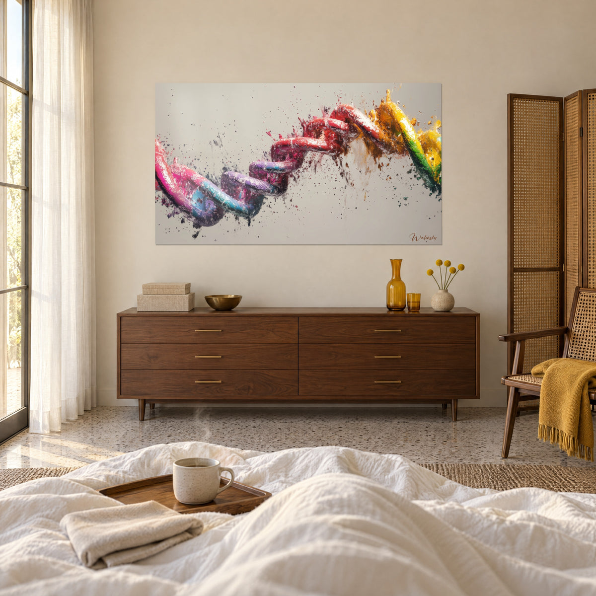 Wall art with an exploding DNA strand in magenta and ochre pigments, shards on a light grey background, above a bed in a bright bedroom