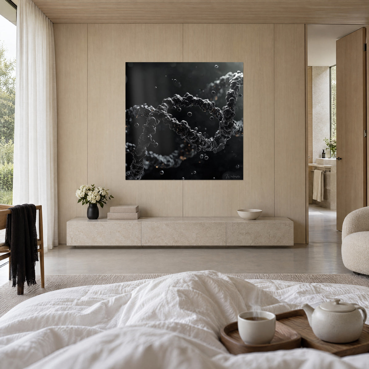 Wall art black molecular chain speckled with copper flecks and pearl grey highlights, above a bed in a bright bedroom