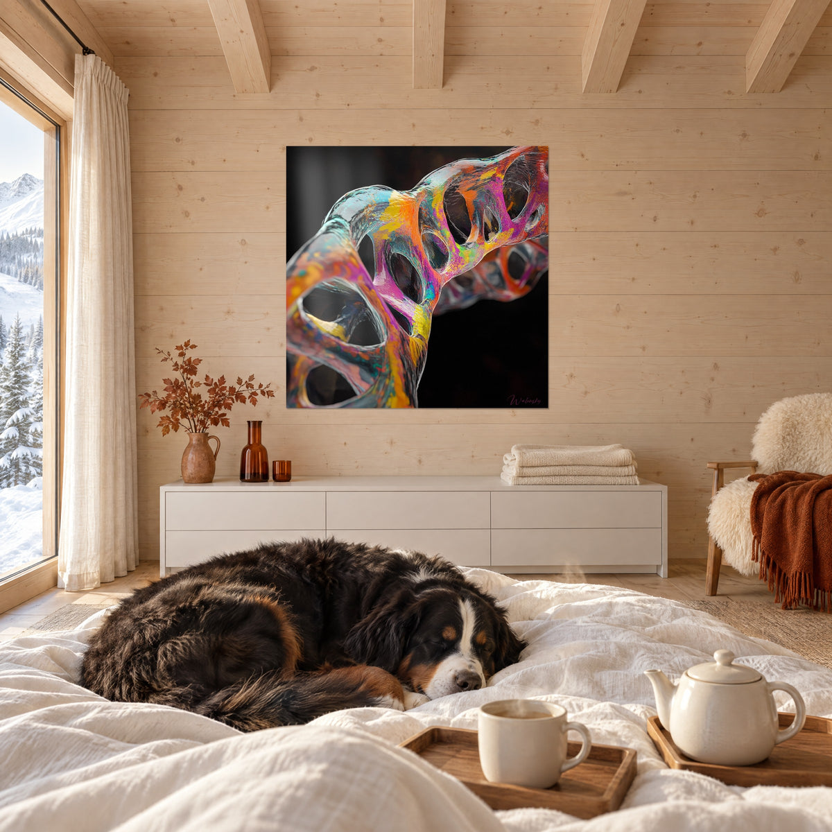 Tableau brin d'ADN iridescent aux taches rose vif, jaune et cyan, une personne de dos et un chien, au-dessus d'un lit dans une chambre claire