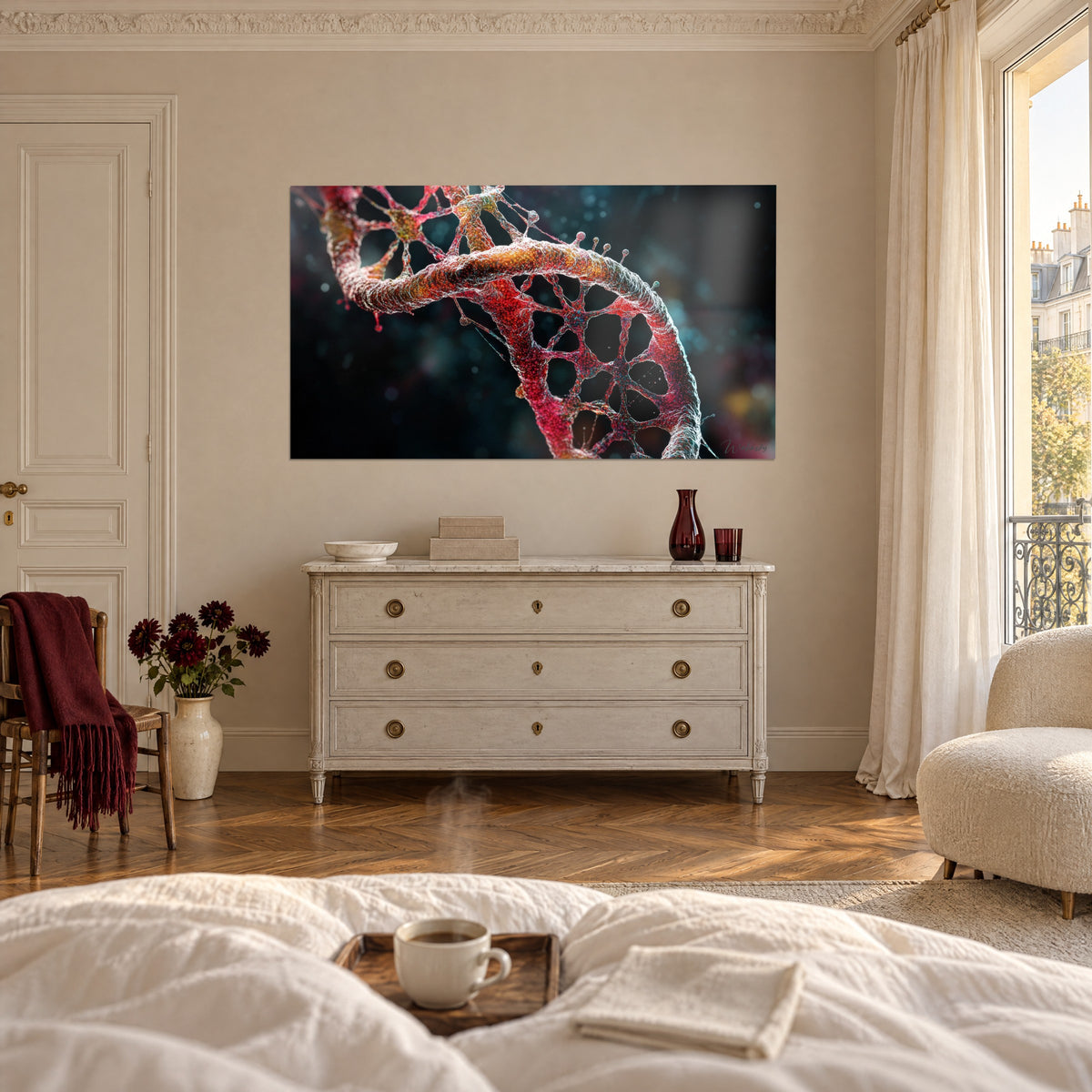Tableau molécule d'ADN hérissée de gouttelettes, rouge cerise et turquoise sombre, au-dessus d'un lit dans une chambre claire