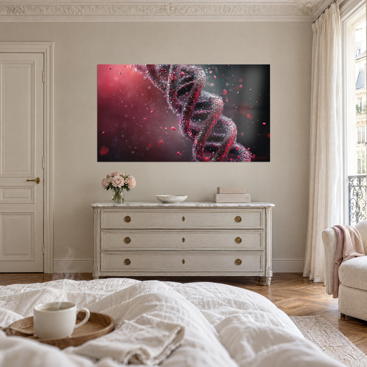 Tableau molécule d'ADN en torsades rubis et anthracite, halo rose en fond, au-dessus d'un lit dans une chambre claire