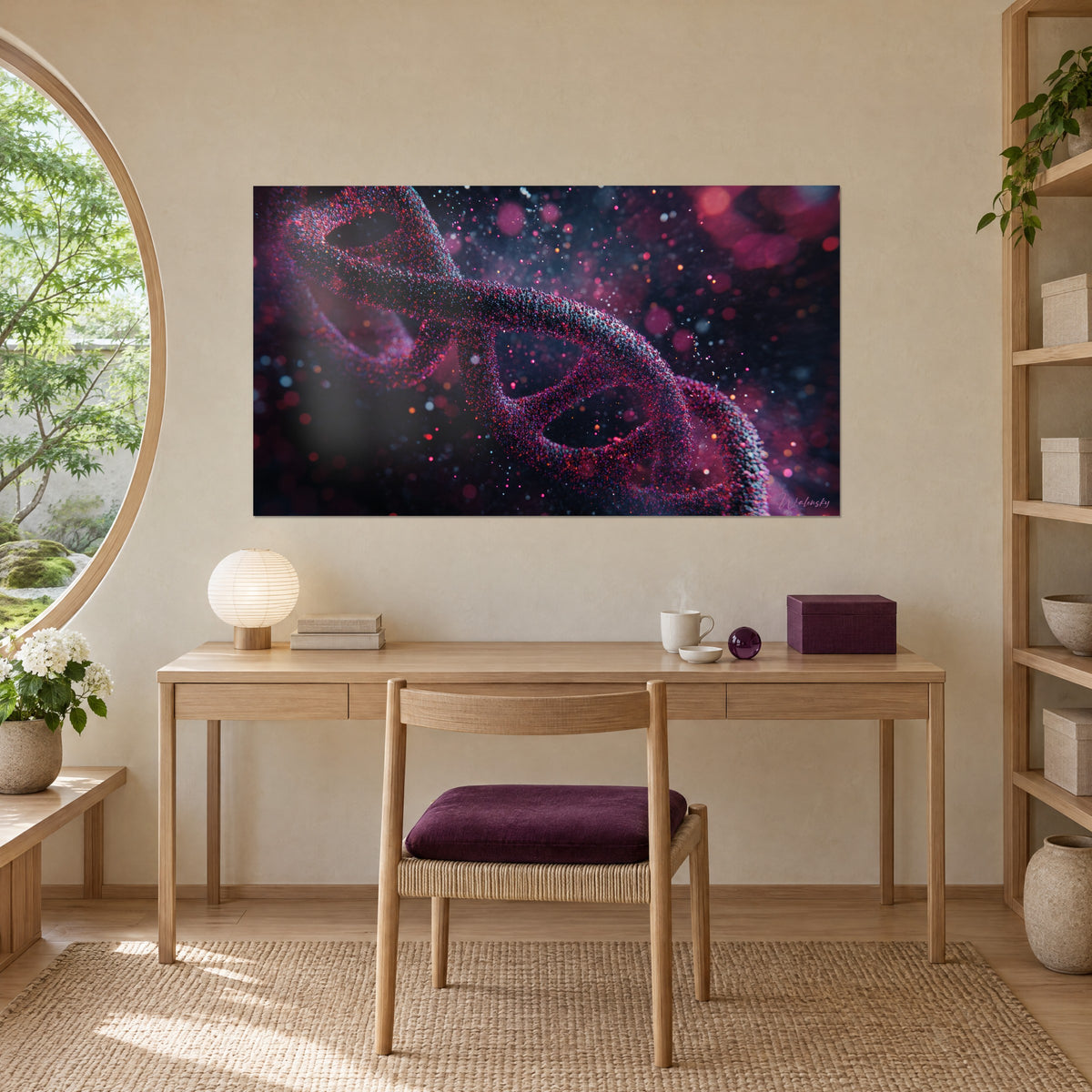 Tableau structure hélicoïdale étoilée, grains carmin et noir profond, bokeh rosé, accrochée au-dessus d'un bureau en bois clair