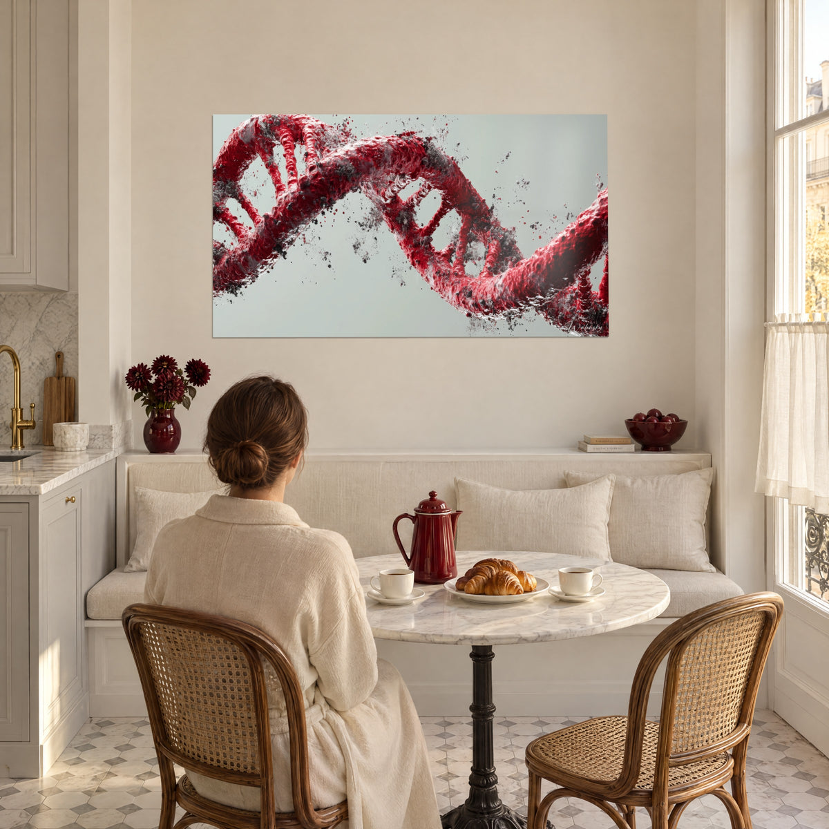 Wall art purple genetic chain in flight of charcoal fragments on a sage background, facing a round table and its croissants