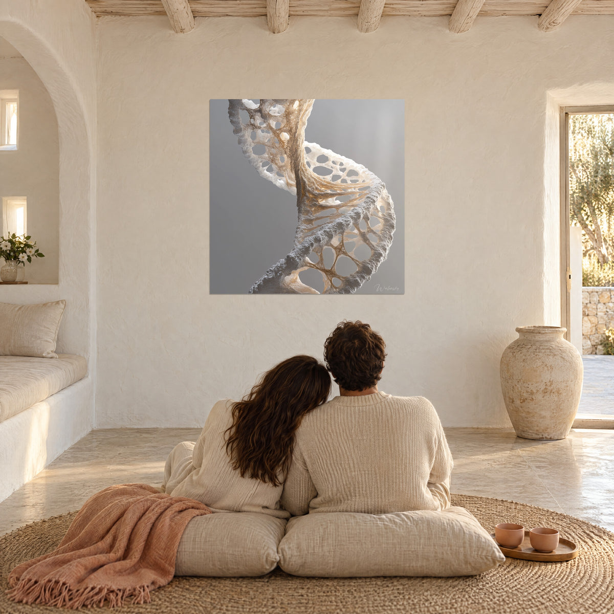 Cuadro hebra de ADN escultural, fibras de miel y relieve mineral blanco sobre fondo gris, una pareja de espaldas sentada en cojines