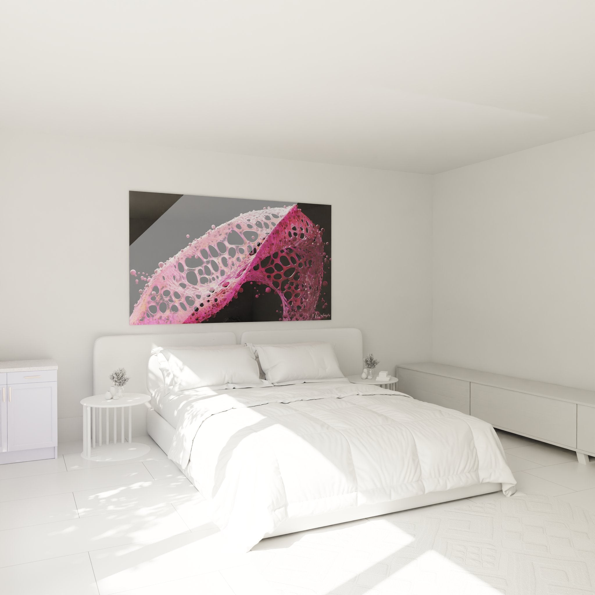 Décoration chambre avec tableau ADN structure cellulaire rose fuchsia ambiance contemporaine