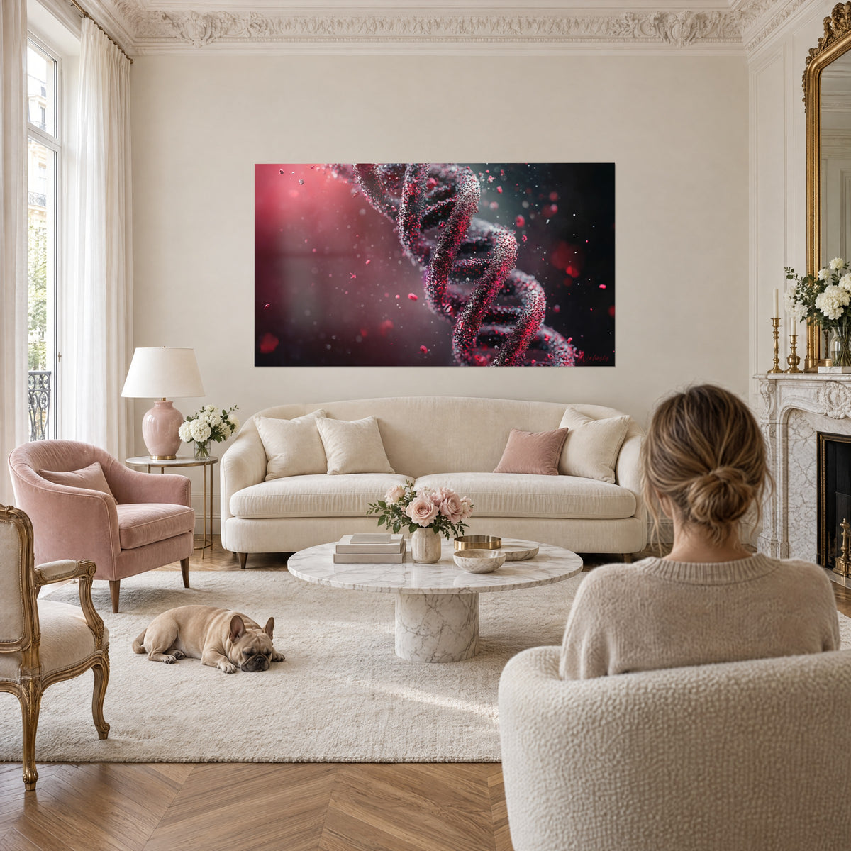 Tableau double hélice d'ADN grenat, grains rouges en suspension sur fond sombre, au-dessus d'un canapé dans un salon lumineux